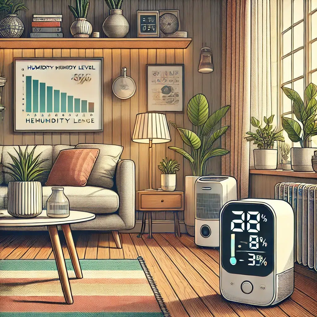 DALL%C2%B7E 2024 10 02 12.07.26 A detailed illustration showing a cozy living room interior with a hygrometer on a side table. The room has a balance between modern and warm tones f