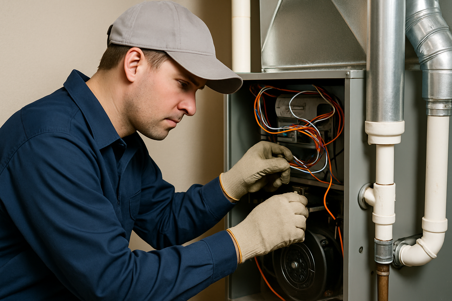 HVAC technician performing furnace maintenance in Chicago